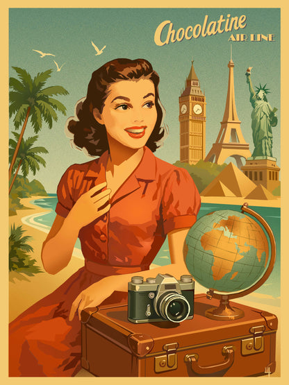 Affiche Voyagez vintage Pais Chocolatine – illustration rétro de voyage aux couleurs vertes et orangées