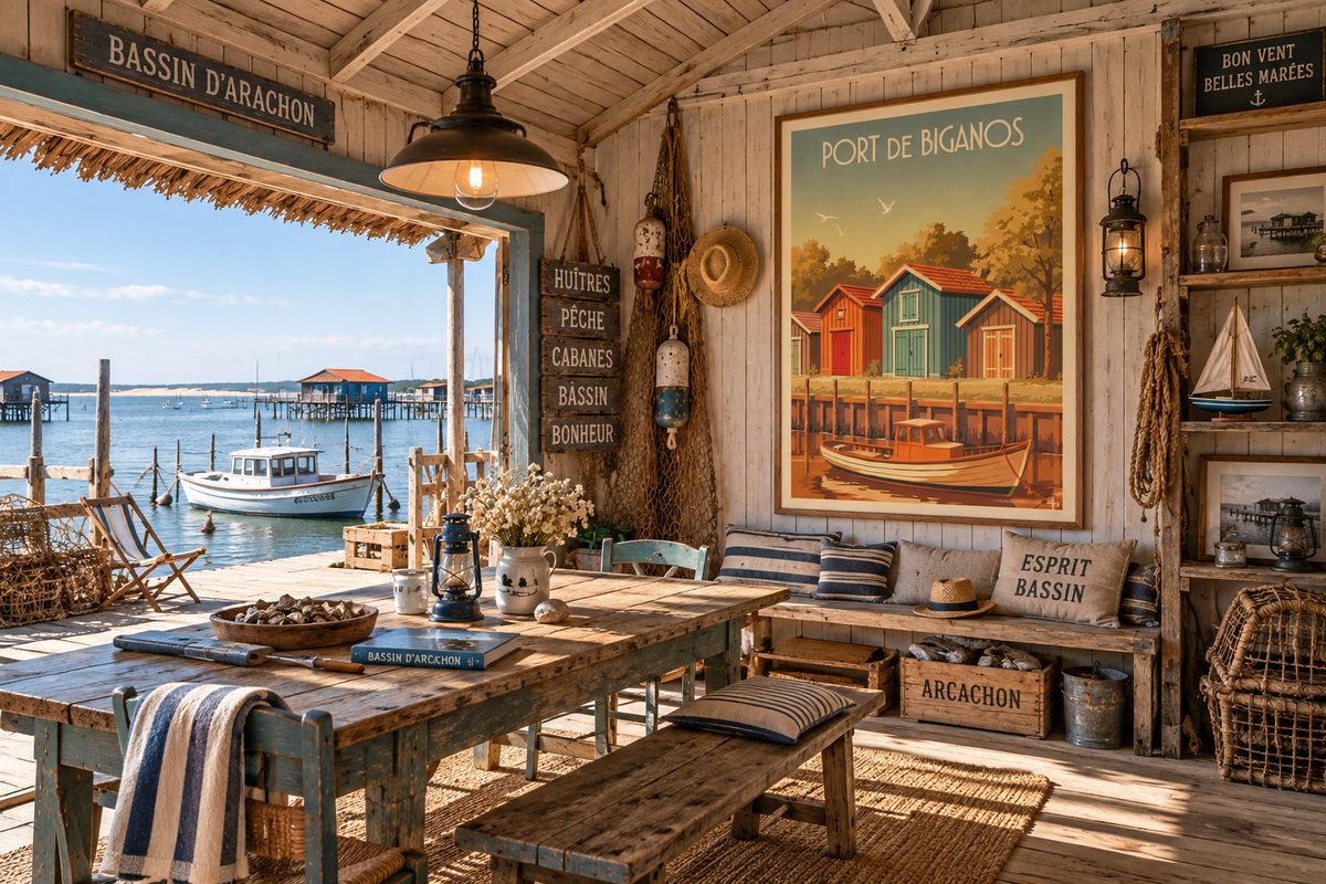 Affiche Port de Biganos encadrée dans une cabane de pêcheur – décoration vintage Bassin d’Arcachon Pais Chocolatine