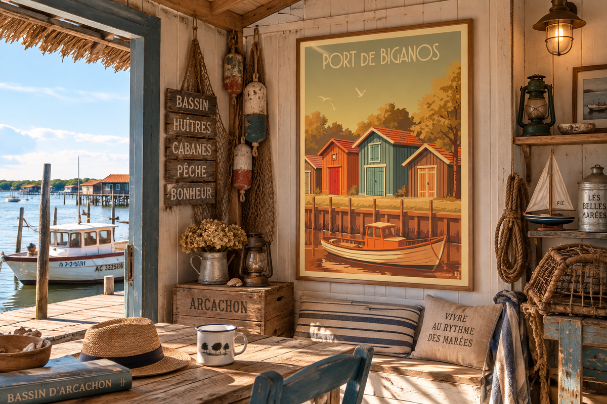Poster Port de Biganos dans une cabane ostréicole – affiche vintage cabanes et bateaux du Bassin d’Arcachon Pais Chocolatine