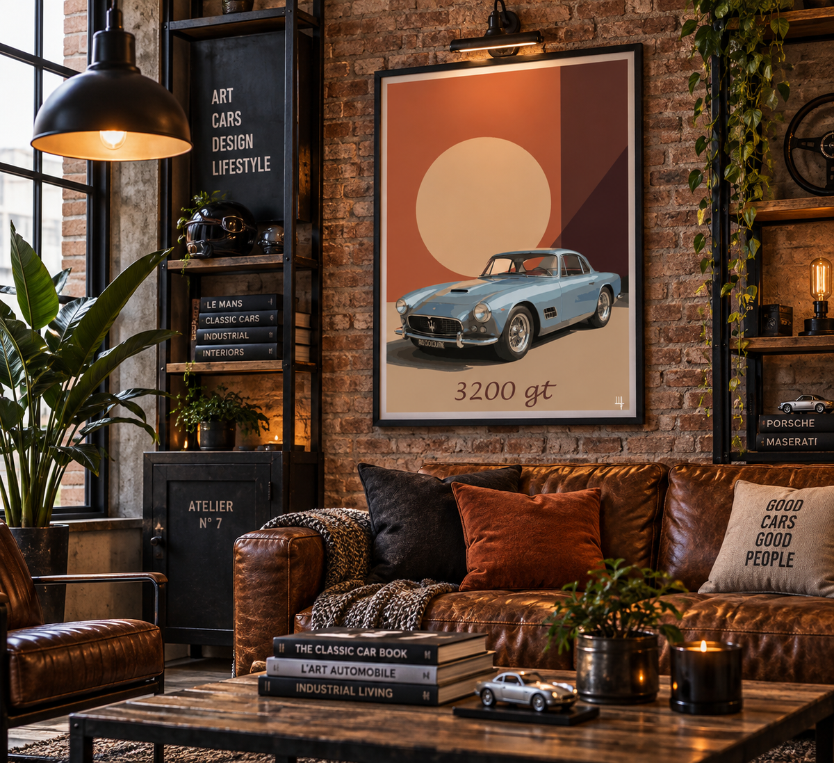 Affiche Maserati 3200 GT présentée dans un garage vintage