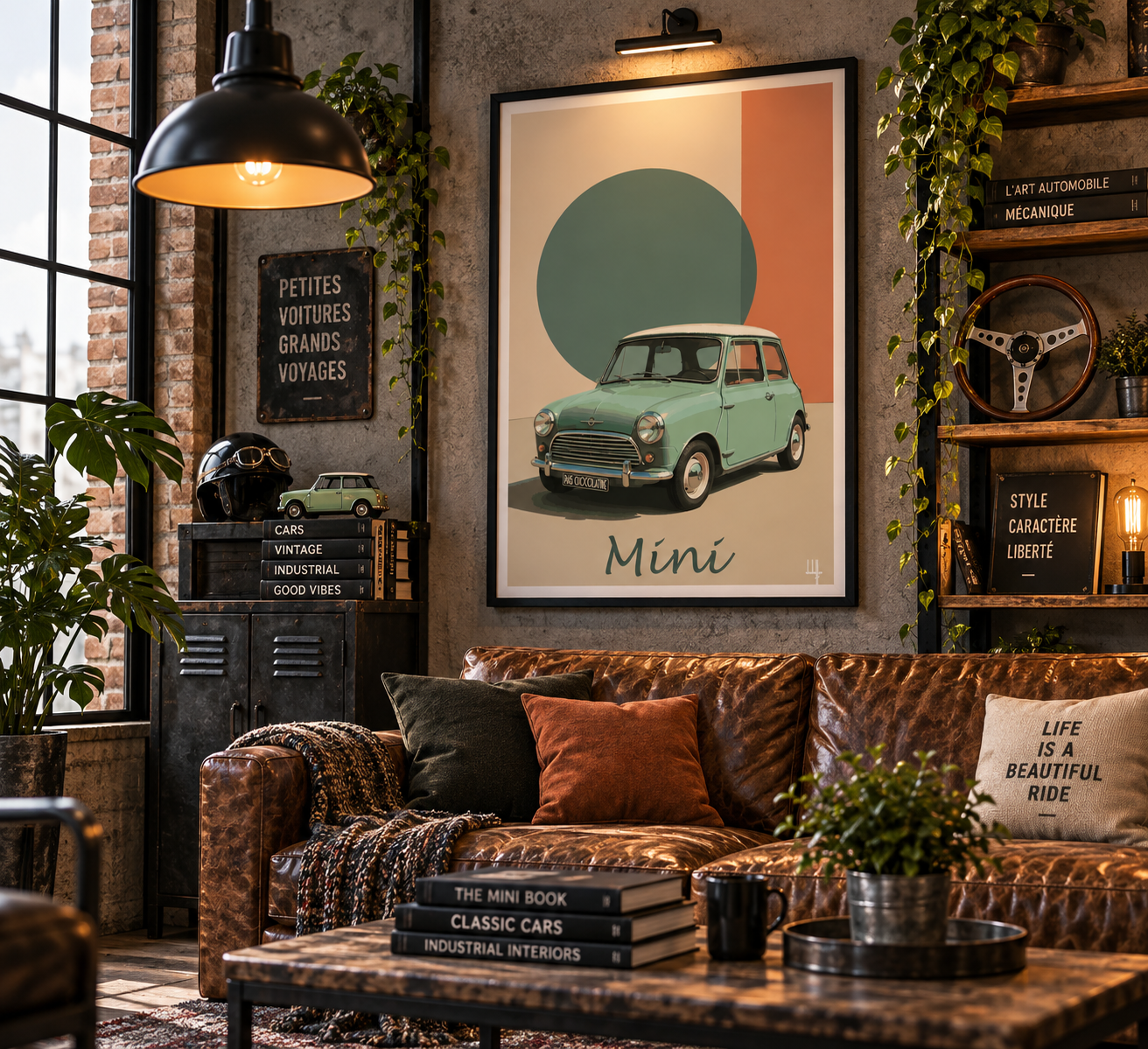 Affiche Mini dans un salon industriel chic