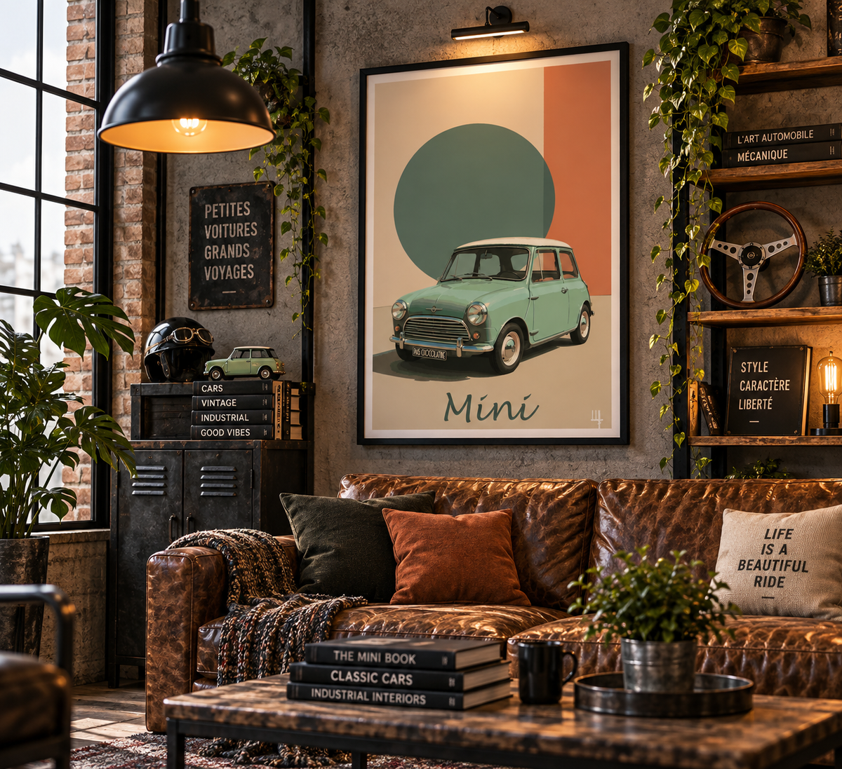 Affiche Mini dans un salon industriel chic
