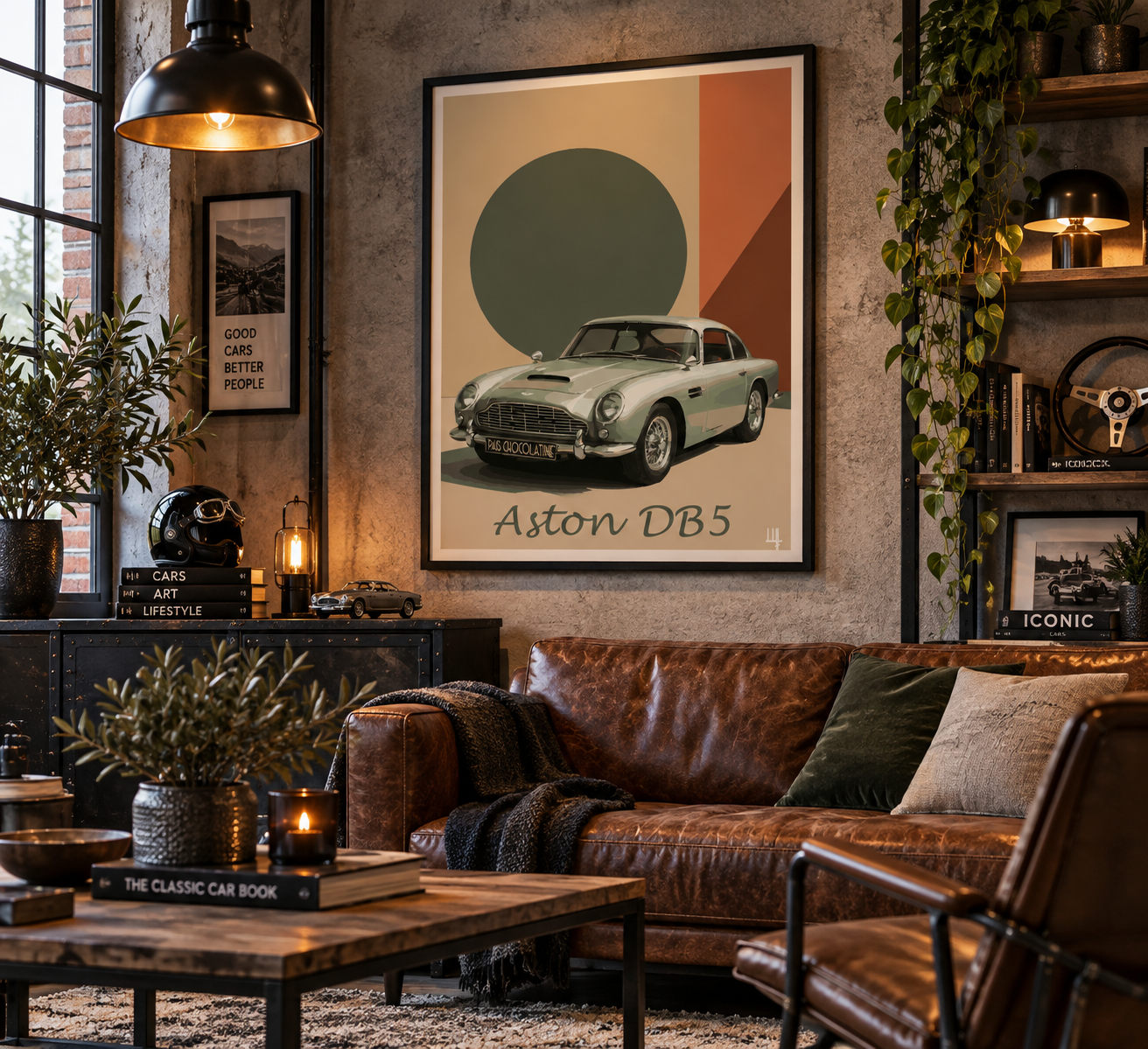 Affiche Aston Martin DB5 dans un salon industriel chic