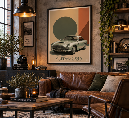 Affiche Aston Martin DB5 dans un salon industriel chic