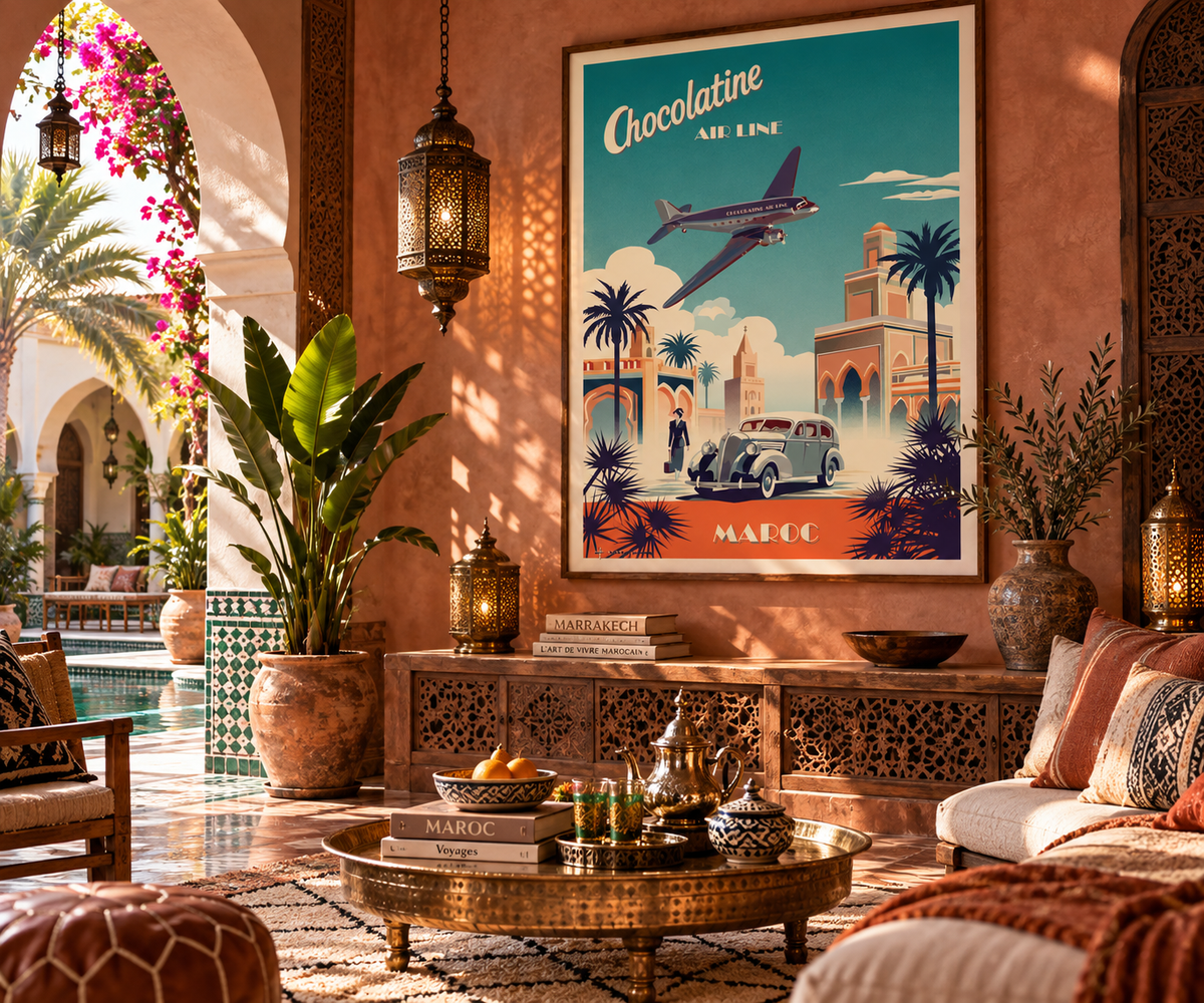 Poster Maroc rétro présenté dans un intérieur ambiance Marrakech – affiche voyage souks et riad Pais Chocolatine