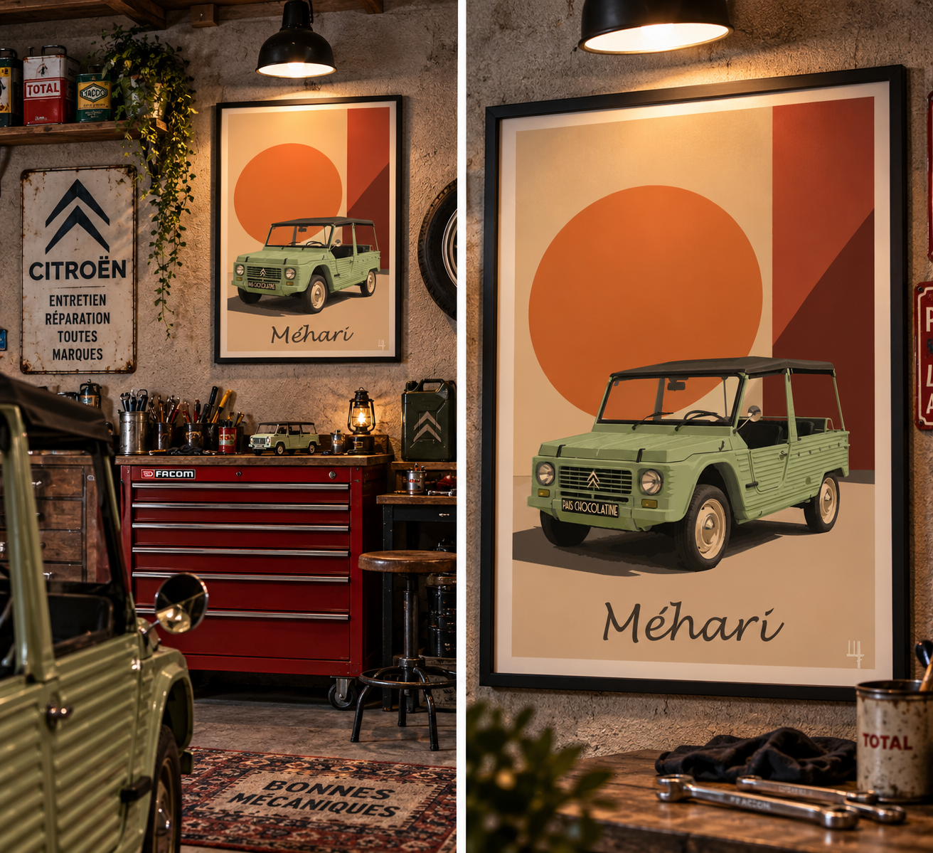 Affiche Citroën Méhari présentée dans un garage vintage