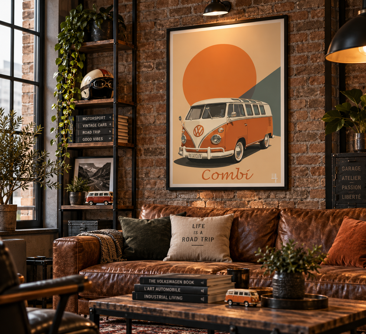 Affiche Volkswagen Combi présentée dans un garage vintage