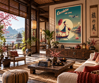 Affiche Asie vintage encadrée dans un intérieur d’inspiration asiatique – décoration murale voyage Pais Chocolatine