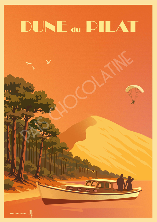 Affiche Dune du Pilat vintage Évasion à Arcachon – pinasse, parapente et coucher de soleil, création Pais Chocolatine