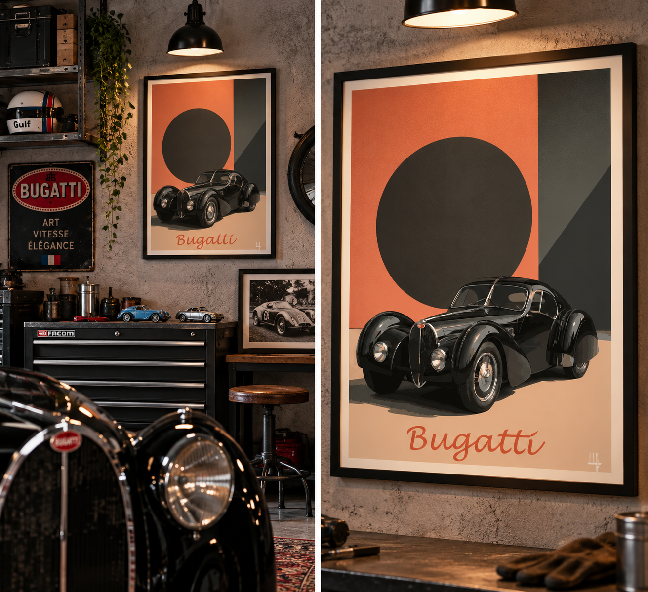 Affiche Bugatti dans un salon industriel chic