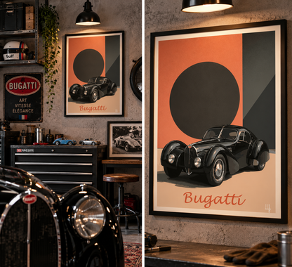 Affiche Bugatti dans un salon industriel chic