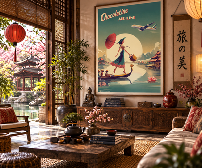 Poster Asie rétro présenté dans un intérieur ambiance asiatique – affiche de voyage et décoration Pais Chocolatine