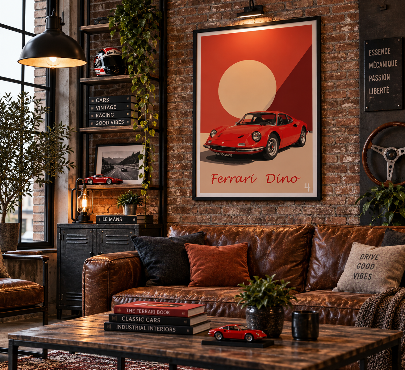 Affiche Ferrari Dino dans un salon industriel chic