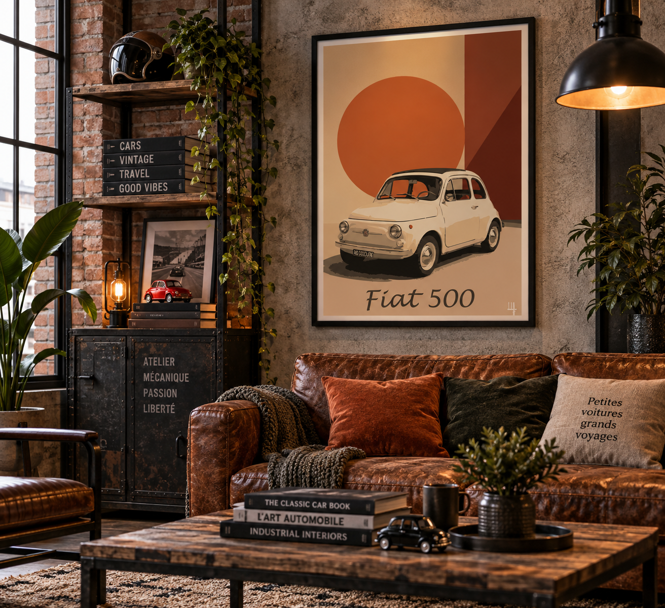 Affiche Fiat 500 dans un salon industriel chic