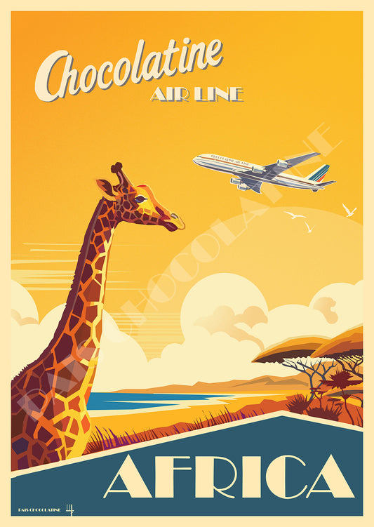 Affiche vintage Africa – girafe, savane africaine et avion rétro – poster voyage Afrique Pais Chocolatine