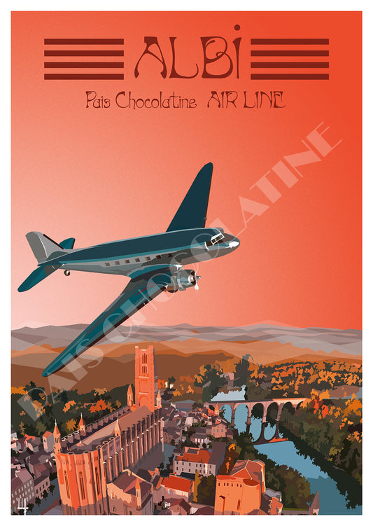 Affiche Albi vintage – avion rétro survolant la cathédrale Sainte-Cécile et le Tarn – Pais Chocolatine