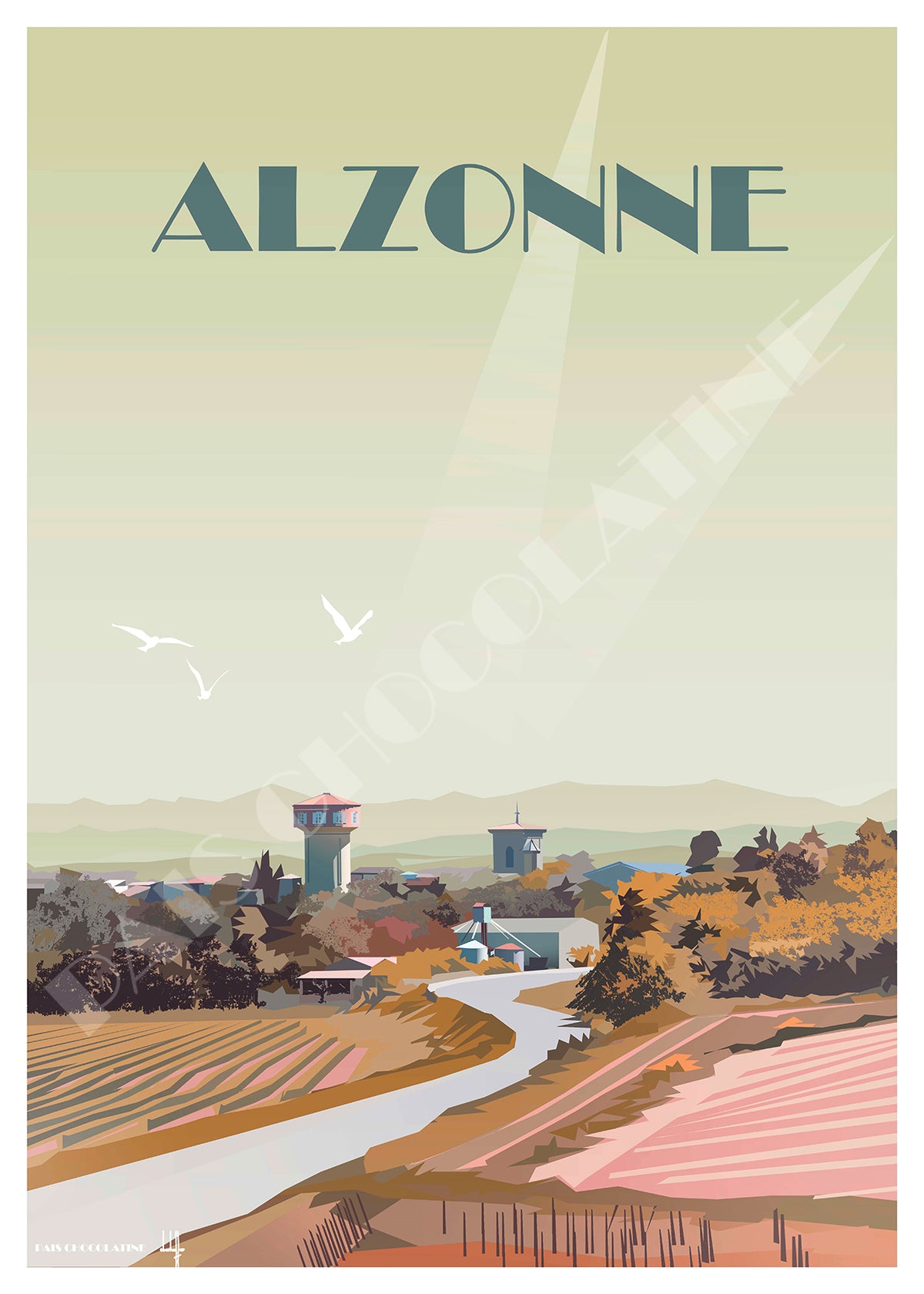 Affiche Alzonne vintage – village de l’Aude, campagne d’Occitanie et Pyrénées – illustration Pais Chocolatine