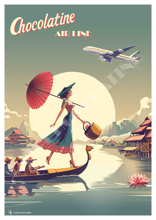 Affiche vintage Asie – femme à l’ombrelle sur une barque, paysage asiatique et avion Chocolatine Air Line – Pais Chocolatine