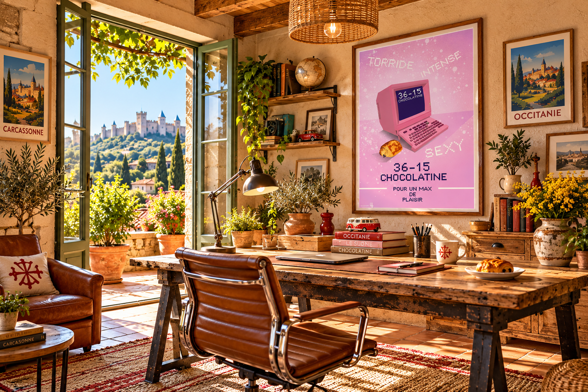 Affiche 36-15 Chocolatine présentée dans un bureau ensoleillé esprit Occitanie, décoration vintage avec Minitel et ambiance du Sud