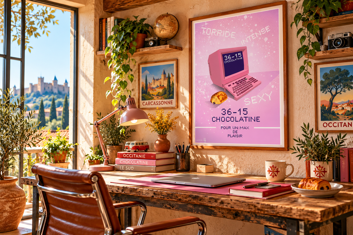 Affiche 36-15 Chocolatine encadrée dans un bureau chaleureux, décoration rétro années 80 avec esprit chocolatine et Sud de la France