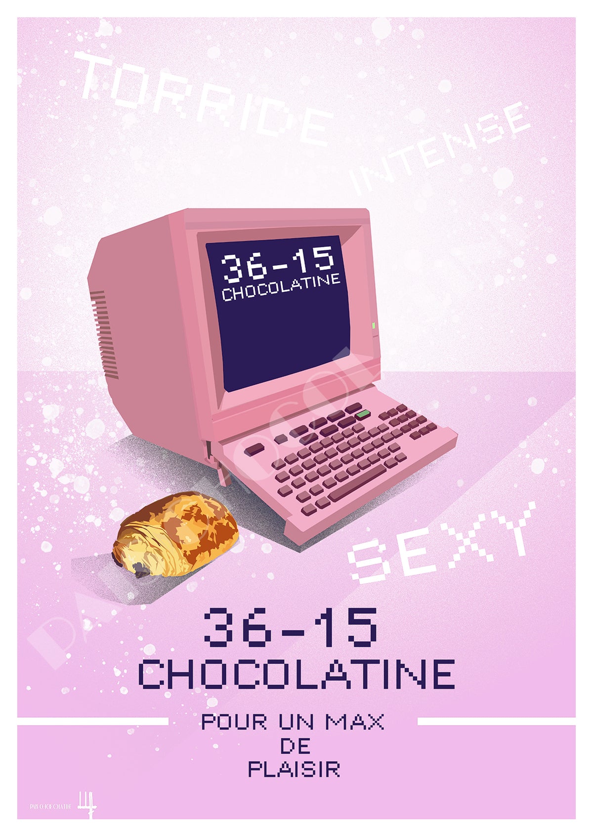 Affiche 36-15 Chocolatine avec ordinateur Minitel rétro, chocolatine et graphisme pixel art rose inspiré des années 80