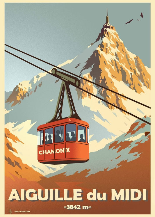 Affiche vintage Aiguille du Midi à Chamonix – paysage de haute montagne dans les Alpes, illustration rétro Pais Chocolatine