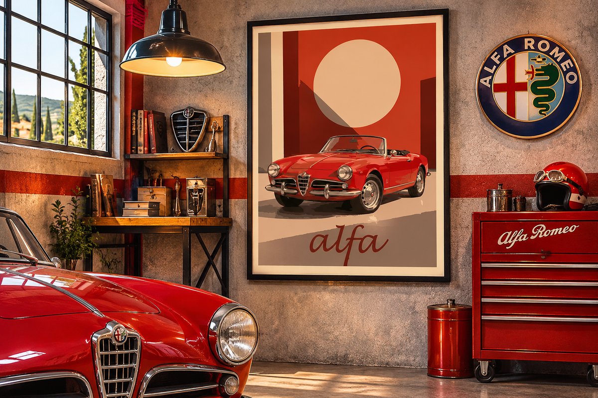 Affiche Alfa Romeo Giulietta Spider rouge encadrée dans un intérieur élégant, décoration murale vintage inspirée de la dolce vita italienne.