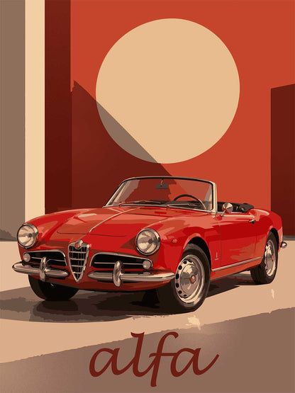 Affiche vintage Alfa Romeo Giulietta Spider rouge, cabriolet italien des années 60, illustration rétro aux tons terracotta, création Pais Chocolatine.