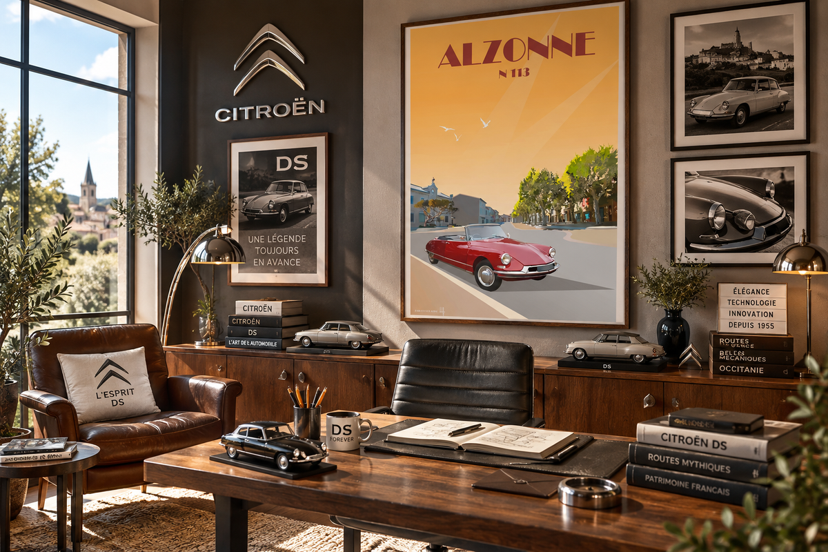 Affiche Alzonne N113 vintage encadrée dans un bureau rétro automobile – décoration murale Occitanie Pais Chocolatine