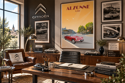 Affiche Alzonne N113 vintage encadrée dans un bureau rétro automobile – décoration murale Occitanie Pais Chocolatine