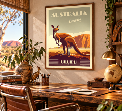 Affiche Australie vintage avec kangourou et Uluru présentée dans un bureau chaleureux esprit australien