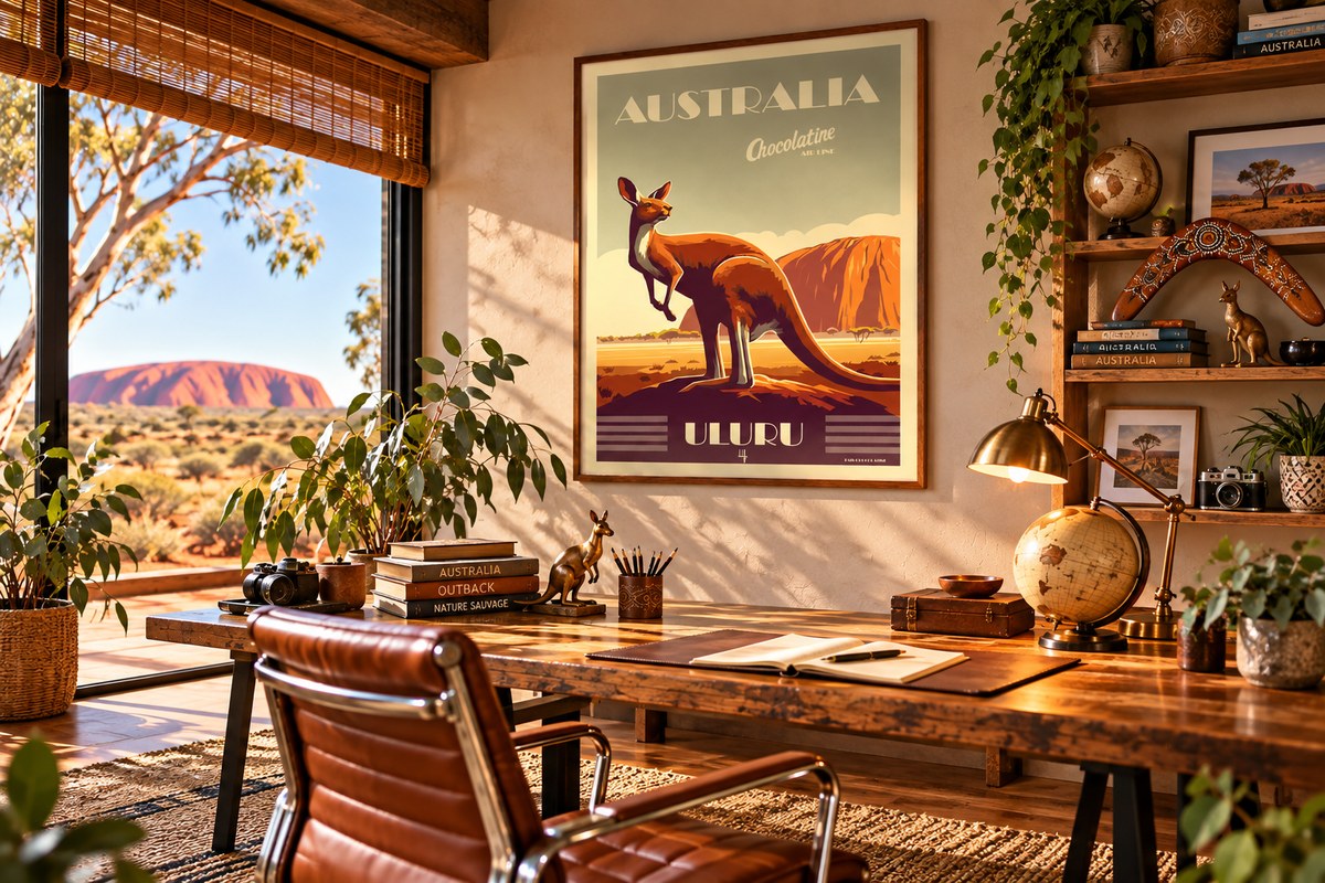 Affiche vintage Australie Uluru dans un bureau esprit voyage et Outback australien, décoration murale rétro