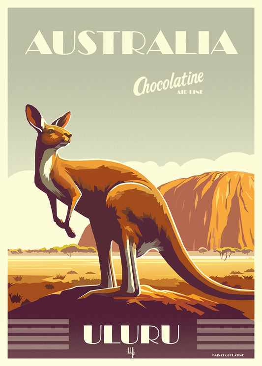 Affiche Australie vintage représentant un kangourou devant Uluru dans le désert australien – Chocolatine Air Line