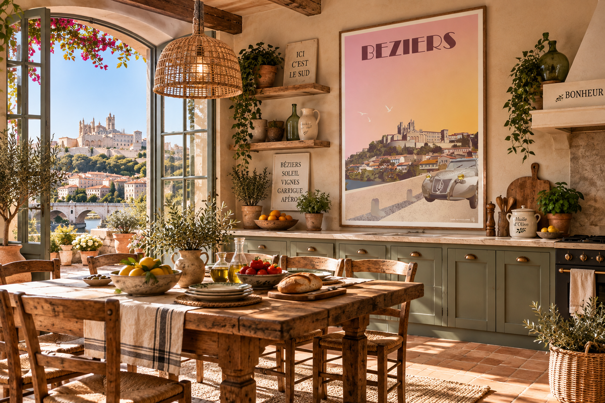Affiche vintage Béziers dans une cuisine du Sud de la France – décoration murale rétro