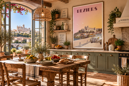 Affiche vintage Béziers dans une cuisine du Sud de la France – décoration murale rétro
