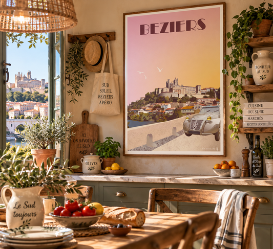 Affiche Béziers vintage encadrée dans une cuisine méditerranéenne – décoration murale du Sud