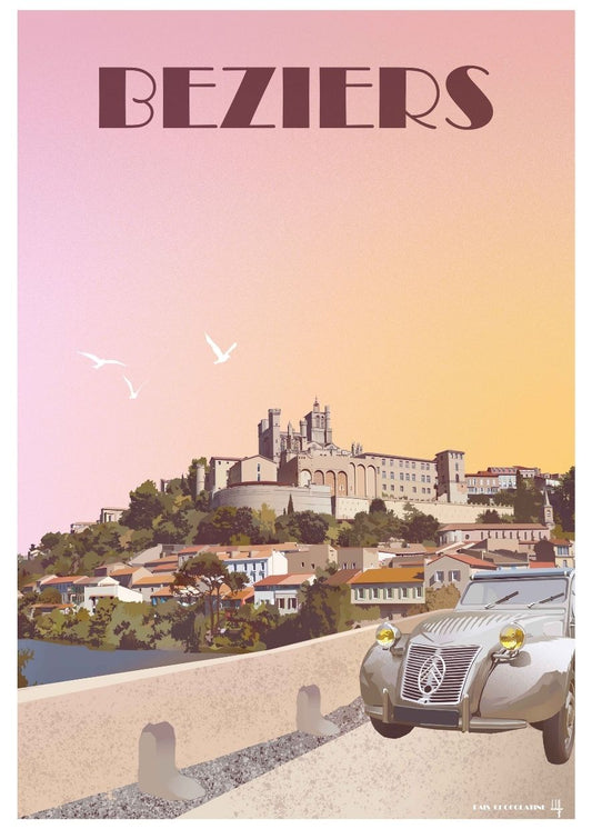 Affiche Béziers vintage avec vue sur la ville et voiture ancienne – poster rétro Pais Chocolatine