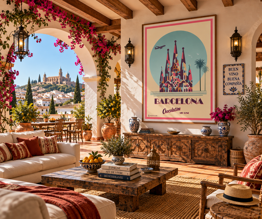 Poster Barcelone rétro présenté dans un intérieur ambiance Espagne – affiche voyage Catalogne Pais Chocolatine