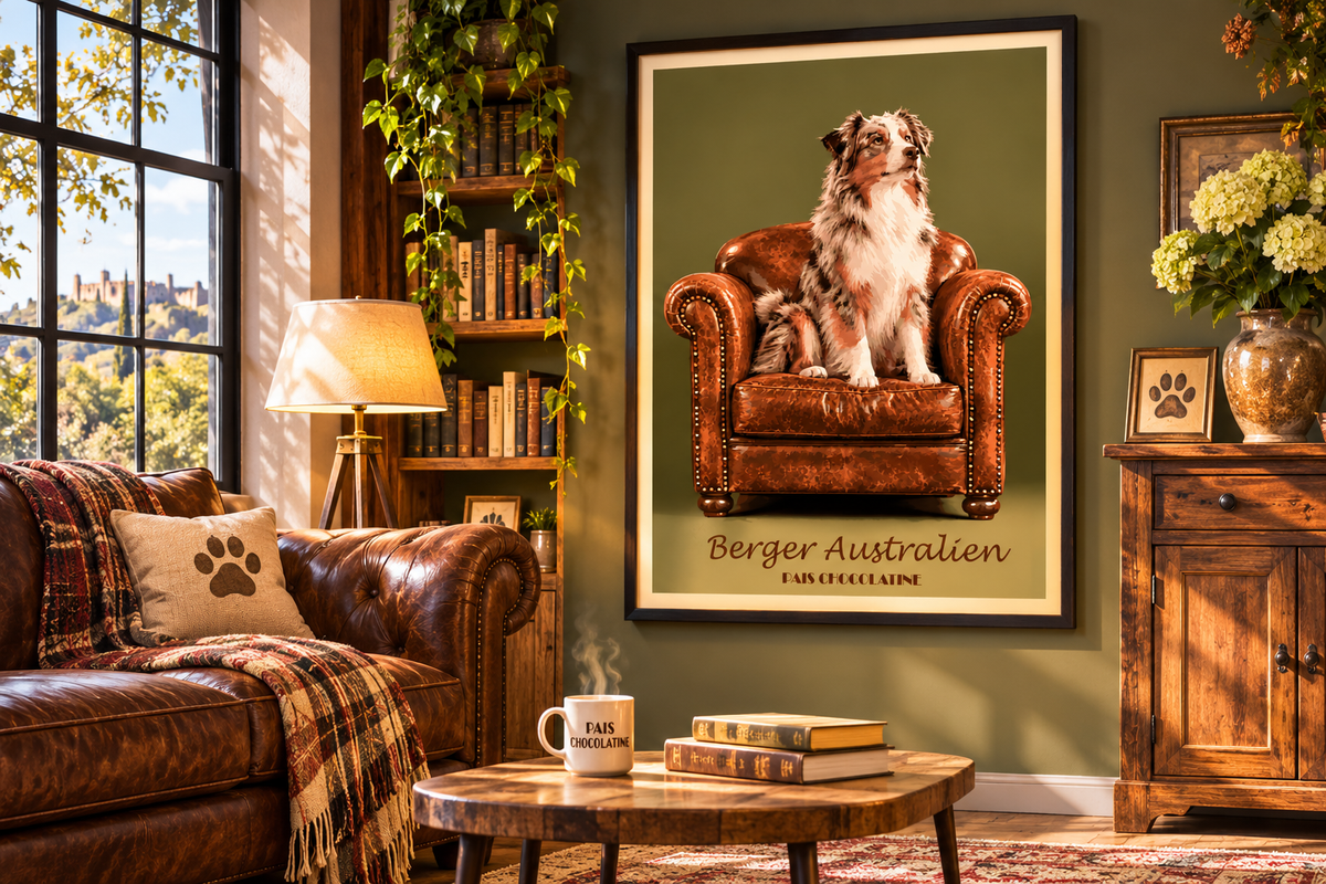 Affiche Berger Australien encadrée dans un intérieur chaleureux, décoration murale rétro pour les amoureux des chiens.