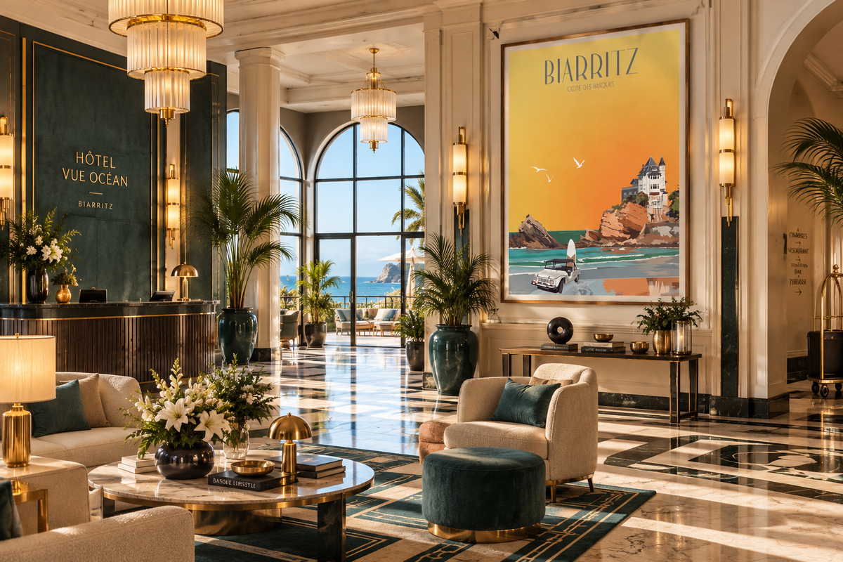 Poster Biarritz vintage dans un hôtel chic Art déco – Villa Belza, océan Atlantique et décoration Côte Basque Pais Chocolatine