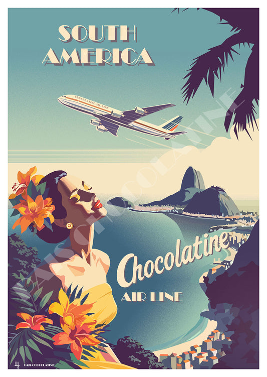 Affiche vintage Brésil et Rio de Janeiro inspirée des anciennes affiches de voyage Chocolatine Air Line