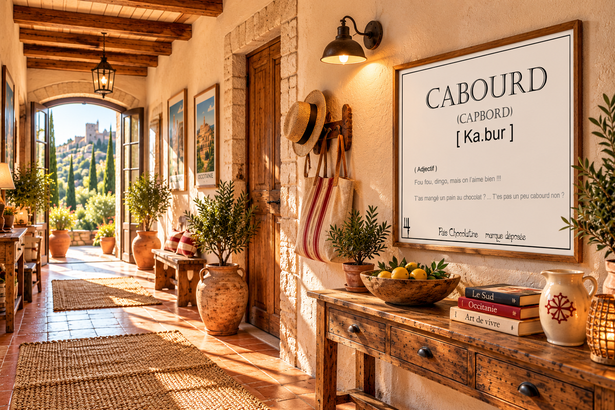 Affiche Cabourd Capbord présentée dans un couloir méditerranéen ensoleillé, décoration vintage aux accents d’Occitanie