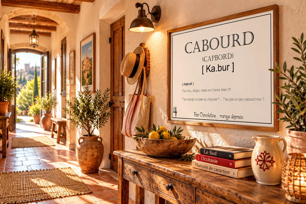Affiche Cabourd encadrée dans un intérieur chaleureux, décoration murale inspirée de l’Occitanie et des expressions du Sud