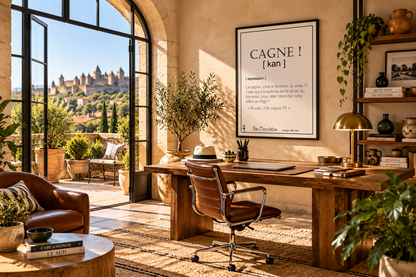 Affiche humoristique Cagne présentée dans un bureau méditerranéen ensoleillé avec décoration inspirée de l’Occitanie et de Carcassonne