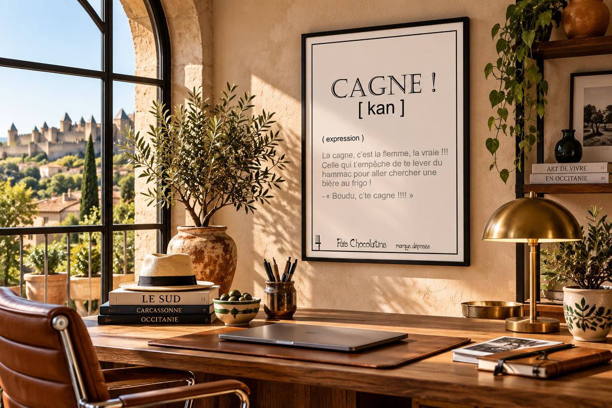 Affiche Cagne encadrée dans un bureau chaleureux esprit Sud de la France, décoration murale humoristique et occitane