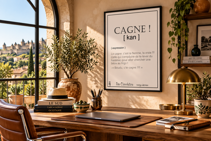 Affiche Cagne encadrée dans un bureau chaleureux esprit Sud de la France, décoration murale humoristique et occitane
