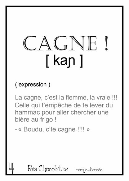 Affiche Cagne façon définition de dictionnaire, expression humoristique du Sud évoquant la flemme et l’art de vivre en Occitanie