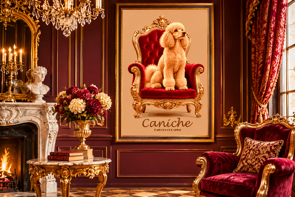 Affiche Caniche vintage encadrée dans un intérieur élégant, décoration murale rétro pour les amoureux des chiens et du style vintage.