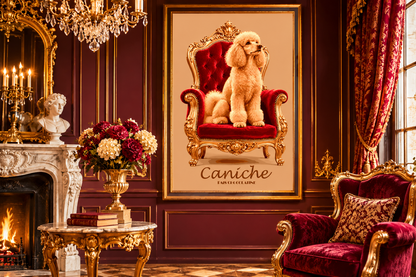 Affiche Caniche vintage encadrée dans un intérieur élégant, décoration murale rétro pour les amoureux des chiens et du style vintage.