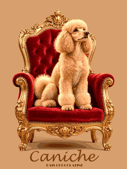 Affiche vintage Caniche, portrait élégant d'un chien au pelage bouclé, illustration animalière rétro, création originale Pais Chocolatine.